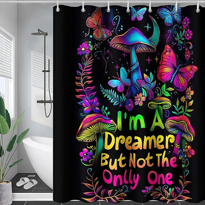 AILONEN Mushroom Shower Curtain,Colorful Butterfly Flower Decoration,Polyester Fabric,Waterproof,Botanical Fungus Plants Black Bath Curtains Washable,with 12 Plastic Hooks, 60" W x 72" H