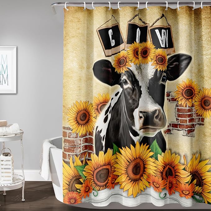 AILONEN Cow Shower Curtains for Kids Boys Girls,Farm Sunflower Cow Bath Curtains for Bathroom Decor,72" W*78" H Polyester Waterproof with 12 Plastic Hooks