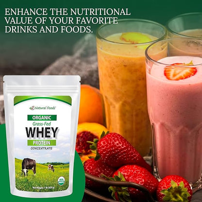 Z Natural Foods Organic Whey Protein Concentrate - Nutrient-Dense Grass Fed Whey Protein Powder - Cold Processed Pure Whey Protein with Essential Amino Acids for Nutrition & Fitness, Unflavored, 1 lb