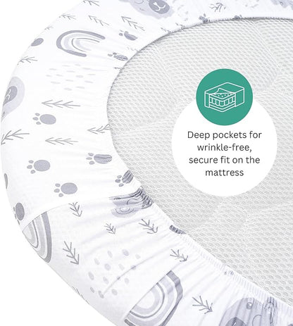 Bassinet Sheets for RONBEI, Baby Joy, Baby Delight Beside Me Dreamer, and Nordmiex Bassinet, 3 Pack, 33x20 Inch, Ultra Soft, Breathable Snug Fit, Unisex Boys Girls, Gray White (Woodland Rainbow)