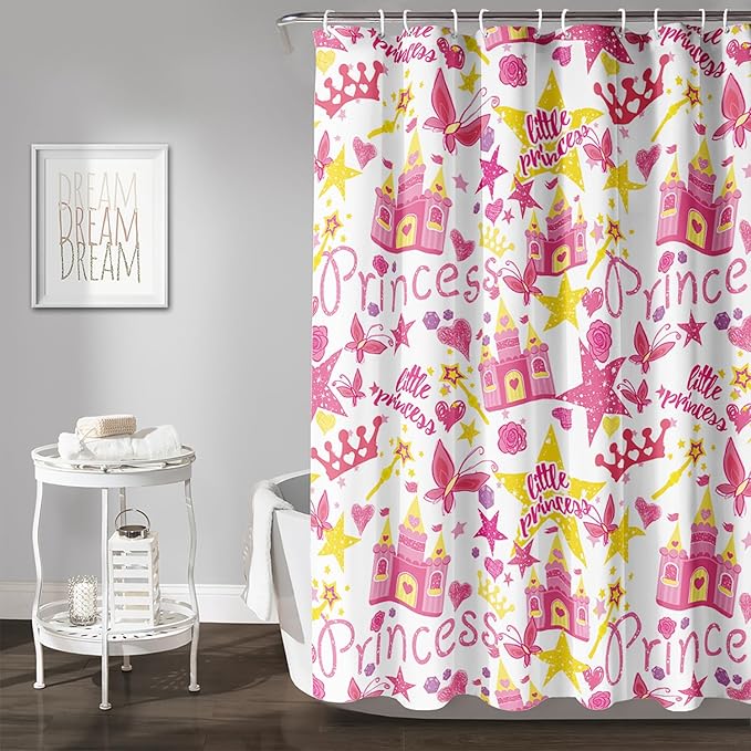 AILONEN Princess Castle Shower Curtain,Cartoon Butterfly and Rose Bathroom Shower Curtain for Girls Boys Kids Teens, 36" W*72" H Pink Glitter Star Theme Bathroom Decor