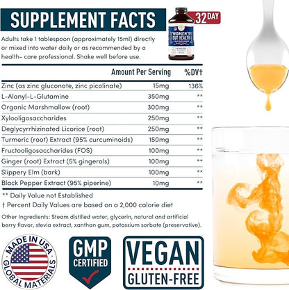 Complete Gut Health Supplements for Women - IBS Relief, Gut Support Liquid with FOS Prebiotic, L Alanyl, L Glutamine and Herbal Blend - Leaky Gut Repair & Gut Cleanse Detox for Women - 16oz (480ml)