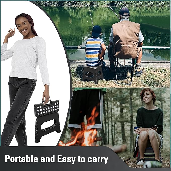 Folding 11inch Lightweight Step Stool - Compact & Portable - Sturdy Non-Slip Design for Kitchen, Bathroom - Durable & Space-Saving - Weight Capacity up to 300lbs - Black - Ideal for Adults and Kids