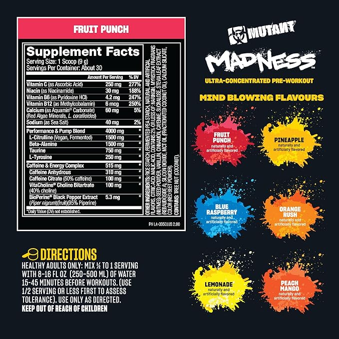 Mutant Madness | Pre Workout Powder Supplement Performance and Pump Blend Includes L-Citrulline, Beta-Alanine, Taurine, L-Tyrosine | 30 Serving | Peach Mango