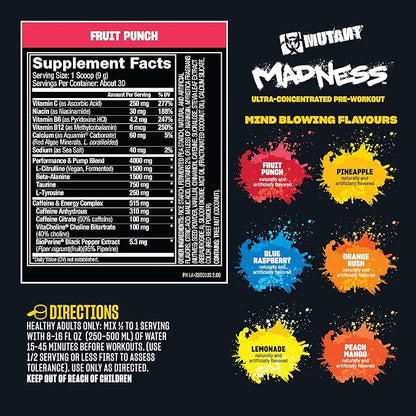 Mutant Madness | Pre Workout Powder Supplement Performance and Pump Blend Includes L-Citrulline, Beta-Alanine, Taurine, L-Tyrosine | 30 Serving | Peach Mango