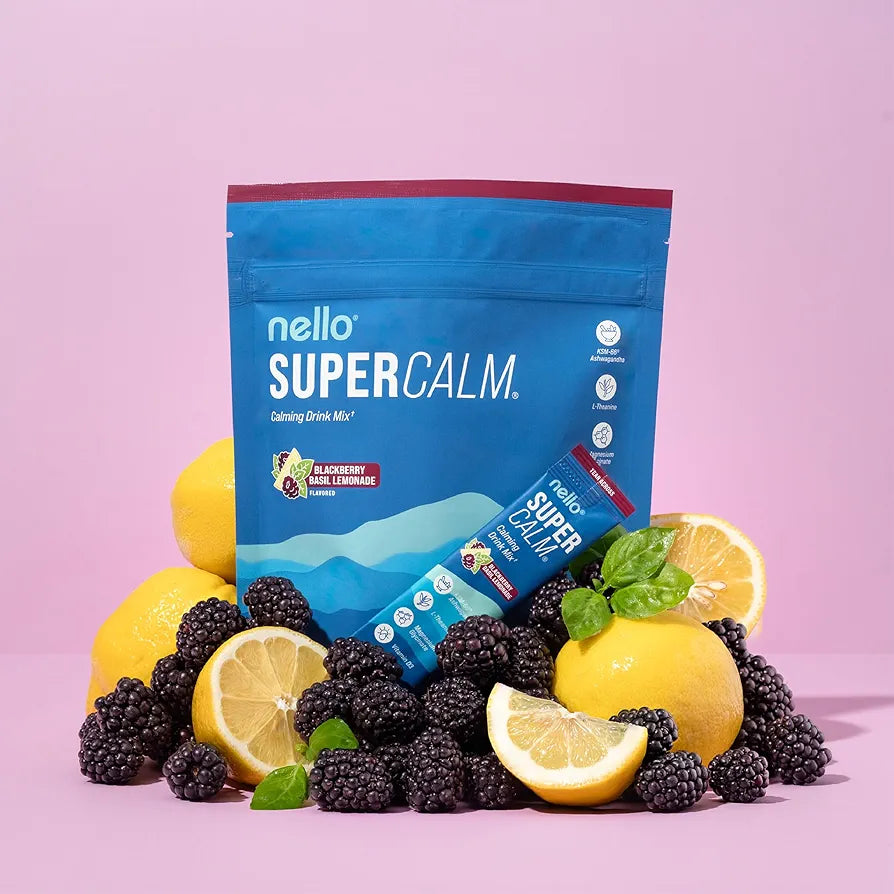 Supercalm Drink Mix -Ashwagandha KSM 66, Magnesium Glycinate & L-Theanine Supplement, Vitamin D3- Ashwagandha Root Extract- Focus and Relaxation Support - Blackberry Basil Lemonade