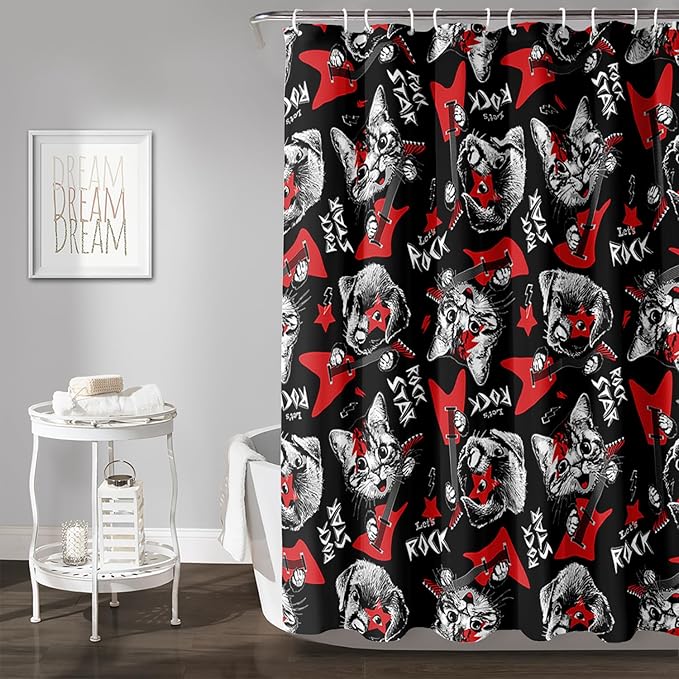 AILONEN Kitten and Puppy Shower Curtain,Rock Kitten Puppy Bath Curtains for Kids Boys Girls,Animal Polyester Waterproof with 12 Plastic Hooks 72" W*72" H