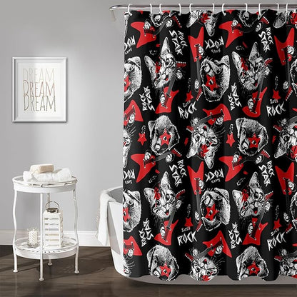 AILONEN Kitten and Puppy Shower Curtain,Rock Kitten Puppy Bath Curtains for Kids Boys Girls,Animal Polyester Waterproof with 12 Plastic Hooks 72" W*72" H