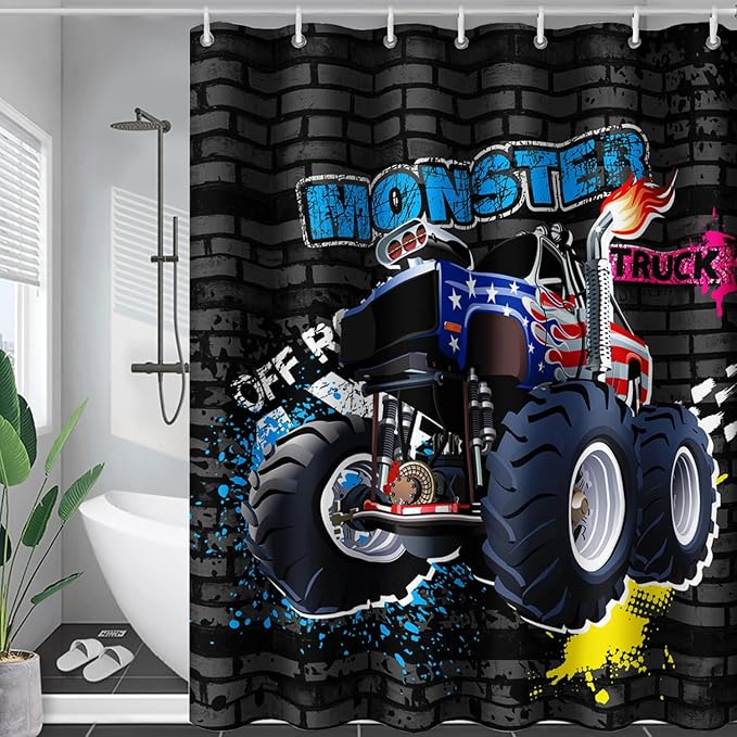 AILONEN Monster Truck Shower Curtain, Black Retro 3D Printed Truck Bath Curtain for Boys,Red Blue Truck Car Bathroom Decor Waterproof Fabric 72" W*96" H Inch with 12 Plastic Hooks