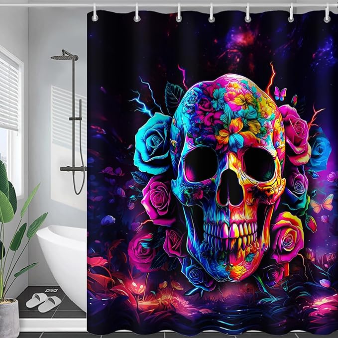 AILONEN Sugar Skull Shower Curtain for Bathroom,Romantic Rose Flower Skull Bath Curtain Decoration,Colorful Skeleton Print Waterproof Purple Curtain with 12 Plastic Hooks, 48" W*72" H