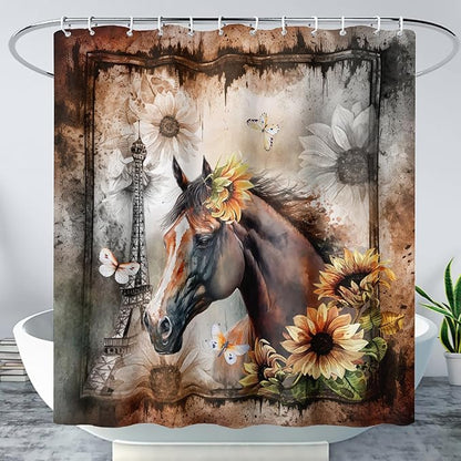 AILONEN Horse Shower Curtain,Sunflower Eiffel Tower Horse Bath Curtain,Retro Horse Polyester Waterproof with 12 Plastic Hooks 72" W*84" H