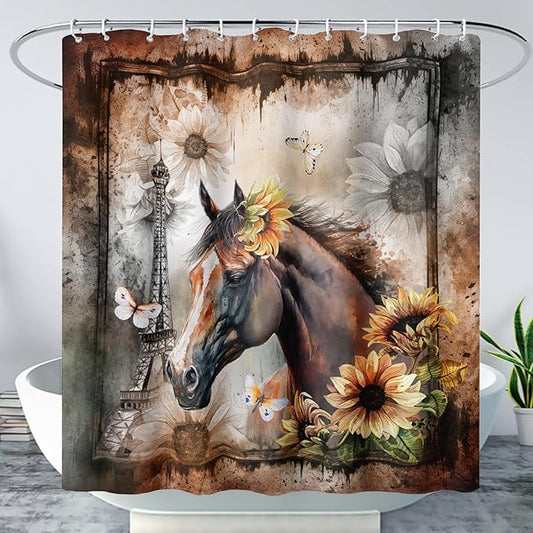 AILONEN Horse Shower Curtain,Sunflower Eiffel Tower Horse Bath Curtain,Retro Horse Polyester Waterproof with 12 Plastic Hooks 72" W*96" H