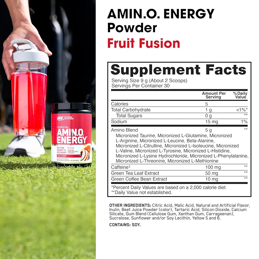 Optimum Nutrition Amino Energy - Pre Workout with Green Tea, BCAA, Amino Acids, Keto Friendly, Green Coffee Extract, Energy Powder - Fruit Fusion, 30 Servings 