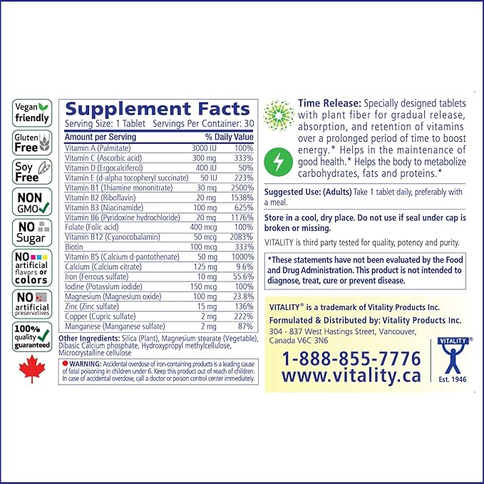 VITALITY Time Release Super Multi+ | Multivitamin | Supports Healthy Hair, Skin and Nails | 60 Tablets