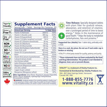 VITALITY Time Release Super Multi+ | Multivitamin | Supports Healthy Hair, Skin and Nails | 60 Tablets
