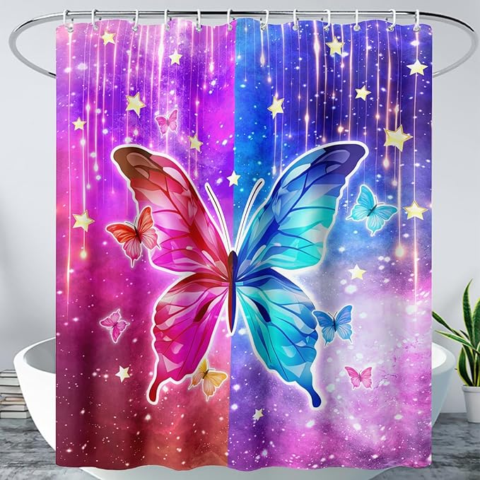 AILONEN Butterfly Shower Curtain,Red and Blue Butterfly Bath Curtain,Tie Dye Starry Rainbow Modern Decorative Shower Curtain with 12 Plastic Hooks (Kids/Girls/Women/Teen/) 60" W*72" H