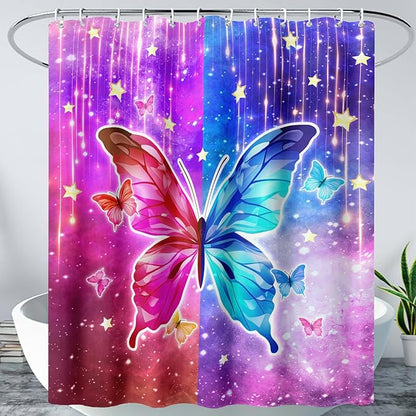 AILONEN Butterfly Shower Curtain,Red and Blue Butterfly Bath Curtain,Tie Dye Starry Rainbow Modern Decorative Shower Curtain with 12 Plastic Hooks (Kids/Girls/Women/Teen/) 60" W*72" H
