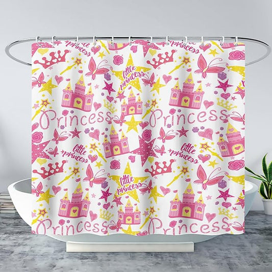 AILONEN Princess Castle Shower Curtain,Cartoon Butterfly and Rose Bathroom Shower Curtain for Girls Boys Kids Teens, 60" W*72" H Pink Glitter Star Theme Bathroom Decor