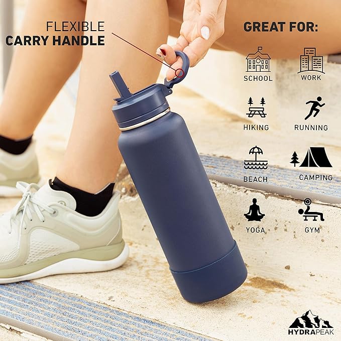 Hydrapeak 40oz Sport Insulated Water Bottle with Straw or Chug Lid, Leak & Spill Proof, Keeps Drinks Cold for 24 Hours, Hot for 12 Hours, Premium Stainless Steel Water Bottles (40oz, Pale Sage)
