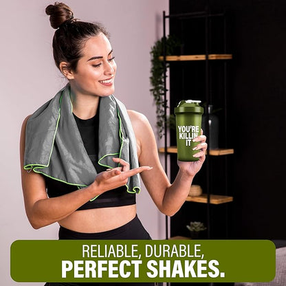 Shaker Bottles for Protein Shakes 24oz, Plastic Bottle for Pre and Post Workout, Protein Shaker Bottle with Wire Whisk Ball, Shaker Cup, Dishwasher Safe (YOU'RE KILLIN IT, GREEN)