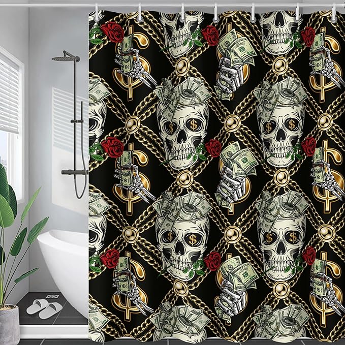 AILONEN Skull Shower Curtain for Boys,Gold Money Skeleton Bath Curtain for Decor,Luxurious Skull Print Shower Curtain with 12 Plastic Hooks,Waterproof 48" W*72" H