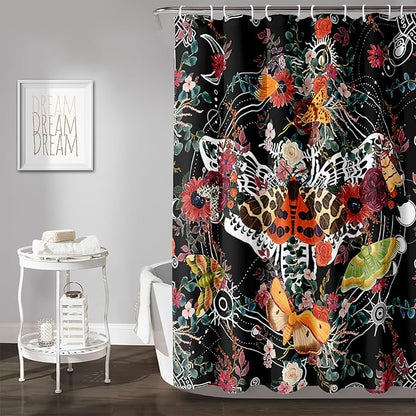 AILONEN Death Moth Shower Curtain,Sun Moon Shower Curtain Set for Kids Girls Boys,Boho Natural Plants Bathroom Decor Shower Curtain with 12 Hooks,72" W*78" H