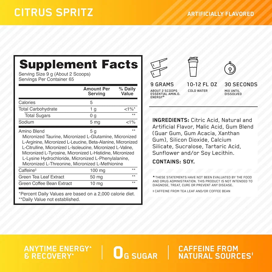 Optimum Nutrition New Flavor Amino Energy - Pre Workout with Green Tea, BCAA, Amino Acids, Keto Friendly, Green Coffee Extract, Energy Powder - Citrus Spritz, 65 Servings 