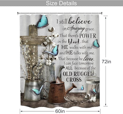 MESHELLY Rustic Farmhouse Christian Shower Curtain 60Wx72H Bible Verse Blue Butterfly Bathroom Curtain Vintage Inspirational Quotes Scriptures Motivational Country Fabric Bathroom Decor with 12 Hooks