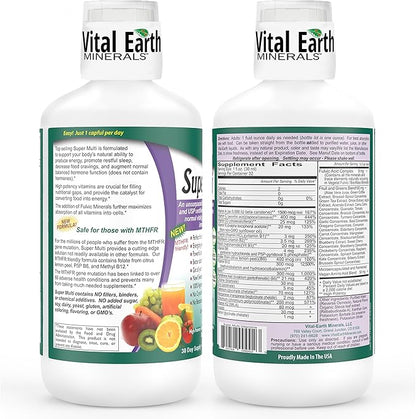 Vital Earth Minerals Super Multi – Liquid Multivitamins for Women, Men & Kids, Liquid Vitamins with Fulvic Acid for Better Absorption, MTHFR Support, 32 Oz + 1 Oz Cup