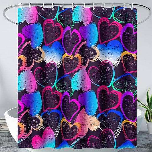 AILONEN Hearts Shower Curtain for Bathroom, Colorful Hearts Love Theme Bath Curtain for Kids Girls Women,Abstract Hearts Print Black Shower Curtain Waterproof with 12 Plastic Hooks, 60" W*72" H