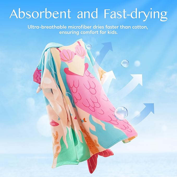 Joiedomi Kids Beach Towel - Mermaid Hooded Bath Towel - for Boys Girls 3-10 Years 30" x 30" - Toddler Soft Absorbent Swim Pool Towel- Quick Dry Microfiber Surf Poncho