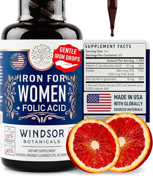 WINDSOR BOTANICALS Liquid Iron Supplements for Anemia - Folic Acid, Vitamin C, Vegan Iron Blood Builder and Anemia Supplement - 2 oz Orange Flavor Gentle Iron Drops for Women