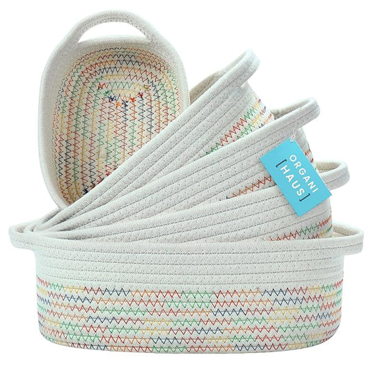 OrganiHaus Set of 5 Rectangle Bathroom Storage Baskets for Organizing, Small Woven Baskets for Storage Basket for Bathroom, Nursery Storage Basket for Baby Nursery Organization, Cute Bins, Rainbow