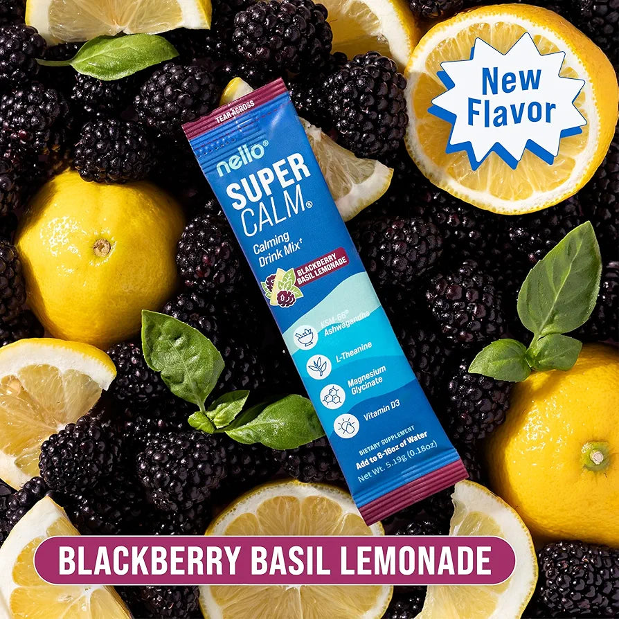 Supercalm Drink Mix -Ashwagandha KSM 66, Magnesium Glycinate & L-Theanine Supplement, Vitamin D3- Ashwagandha Root Extract- Focus and Relaxation Support - Blackberry Basil Lemonade