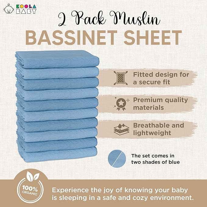 Bassinet Fitted Sheets - Compatible with Graco Travel Lite Crib, Sense2Snooze, My View 4 in 1, Dream Suite and Guava Bassinet | 100% Organic Muslin Cotton - Light Blue + Dark Blue | 30x20 (2 Pack)