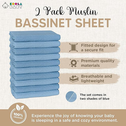 Bassinet Fitted Sheets - Compatible with Graco Travel Lite Crib, Sense2Snooze, My View 4 in 1, Dream Suite and Guava Bassinet | 100% Organic Muslin Cotton - Light Blue + Dark Blue | 30x20 (2 Pack)