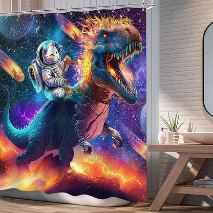 Funny Cat Riding Dinosaur Shower Curtain 72Wx72L Inch Kids Boys Dino Astronaut Animal Galaxy Outer Space Universe Star Bathroom Set for Teen Bath Curtain Bathtub Accessories Home Decor