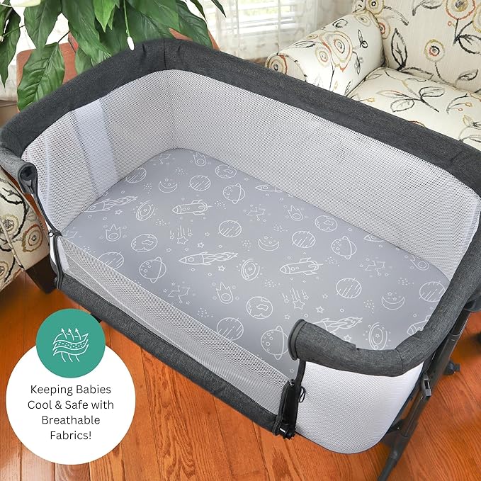 TansyPanda Bassinet Sheets for Bellababy, Besrey, AMKE, and Milliard Bedside Bassinet Sleeper, 3PC, 18 x 30 Inch, Ultra Soft, Breathable, Snug Fit, Unisex Boys, Girls, Gray White (Space Rockets)