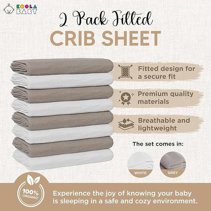 Crib Sheets 100% Organic Jersey Cotton Sheets for Boys & Girls, Fitted Sheets for Standard Crib & Toddler Mattress - Super Soft & Breathable for Cozy Comfort | White + Grey - 52"x28" (2 Pack)