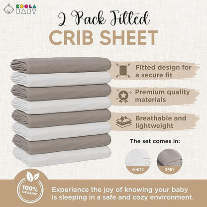 Crib Sheets 100% Organic Jersey Cotton Sheets for Boys & Girls, Fitted Sheets for Standard Crib & Toddler Mattress - Super Soft & Breathable for Cozy Comfort | White + Grey - 52"x28" (2 Pack)