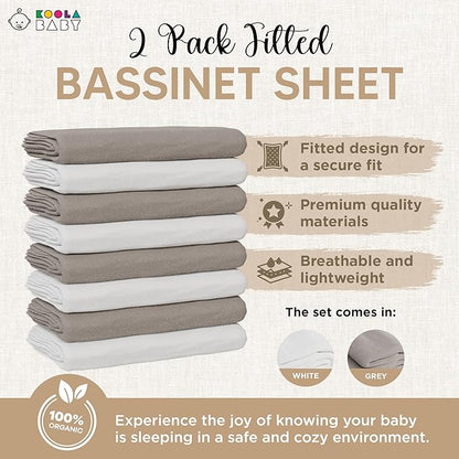 Bassinet Fitted Sheets - Compatible with Fodoss, Mika Micky & Dream on Me Poppy Traveler Bassinet | 100% Organic Jersey Cotton - White + Grey | 32x19 (2 Pack)