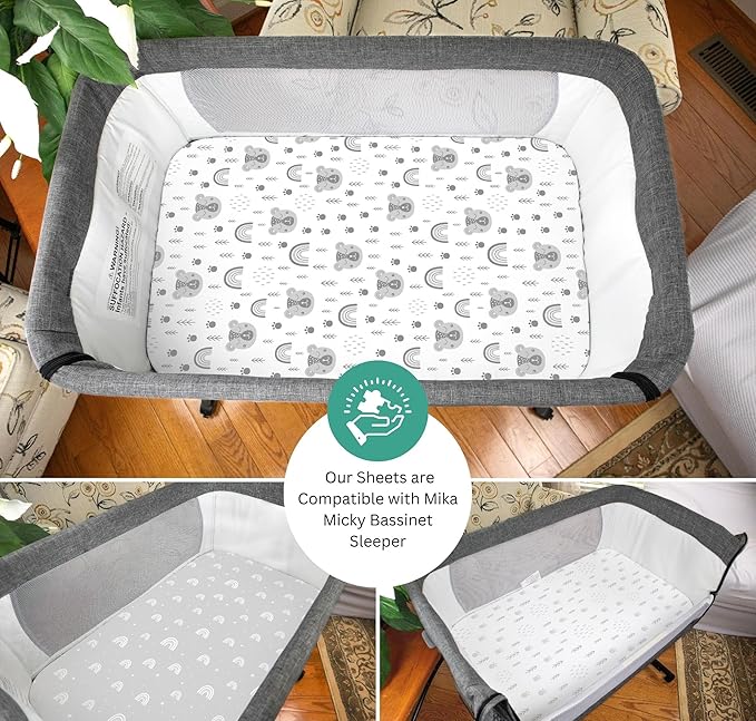 Bassinet Sheets for Mika Micky, Cuddor, Evolur Bedside Sleeper by TansyPanda, 3 Pack, 19 x 32 Inch, Ultra Soft, Breathable, and Snug Fit, Unisex Boys and Girls, Gray White (Woodland Rainbow)