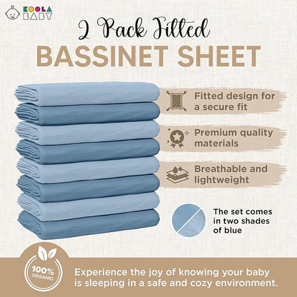 Bassinet Fitted Sheets - Compatible with Mika Micky, Fodoss & Dream on Me Poppy Traveler Bassinet | 100% Organic Jersey Cotton - Light Blue + Dark Blue | 32x19 (2 Pack)