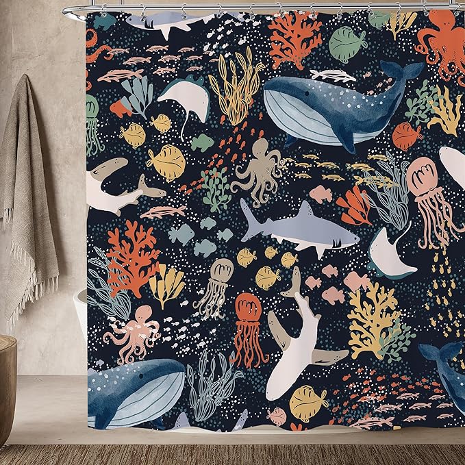 Kids Shower Curtain, Cartoon Fish Shark Whale Ocean Theme Sea Animal Shower Curtain for Bathroom 72x72 Cute Underwater Marine Bathtub Curtain Girls Boys Bathroom Decor