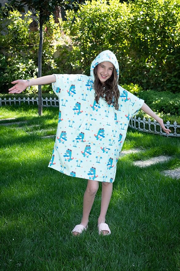 Cotton/Microfiber Kids Surf Poncho, Wetsuit Changing Towel Bath Robe with Hood and Pocket for Ages 3-7 and 8-12 (Surfer Dinos, 3-7 Years)
