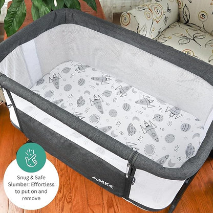 TansyPanda Bassinet Sheets for Bellababy, Besrey, AMKE, and Milliard Bedside Bassinet Sleeper, 3PC, 18 x 30 Inch, Ultra Soft, Breathable, Snug Fit, Unisex Boys, Girls, Gray White (Space Rockets)