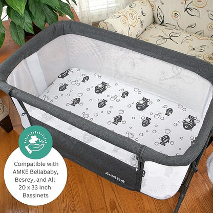 TansyPanda Bassinet Sheets for Bellababy, Besrey, AMKE, Milliard Bedside Bassinet Sleeper, Pack of 4, 20 x 33 Inch, Ultra Soft, Breathable, Snug Fit, Unisex Boys, Girls, Gray White (Ocean Fish Theme)