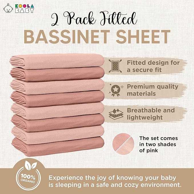Bassinet Fitted Sheets - Compatible with Graco Travel Lite Crib, Sense2Snooze, My View 4 in 1, Dream Suite and Guava Bassinet | 100% Organic Jersey Cotton - Light Pink + Dark Pink | 30x20 (2 Pack)