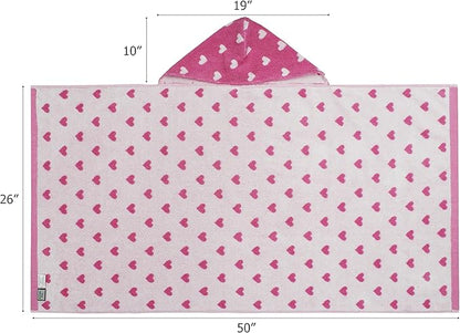 Hooded Bath Towel Wrap - 100% Cotton Jacquard Reversible Large Hooded Hearts Kids Towel - Toddler Shower Pool Beach Towel - Soft Plush Absorbent Quick Dry Easy Care Gift - 26 x 50 - Pink