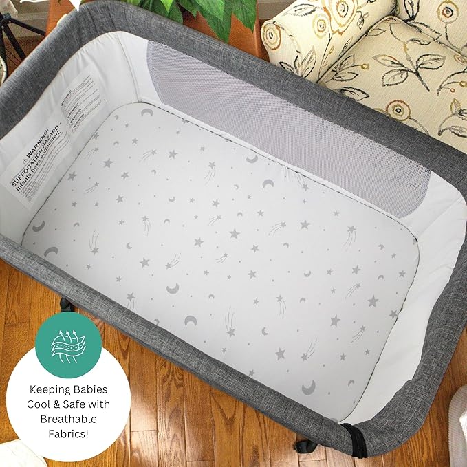 TansyPanda Bassinet Sheets for Cloud Baby, Yacul, Dream On Me Traveler, Skylar, BabyBond, Simmons, 3 PC, 33x20 in, Ultra Soft, Breathable Snug Fit, Unisex Boys Girls, Gray White (Moon, Stars, Clouds)